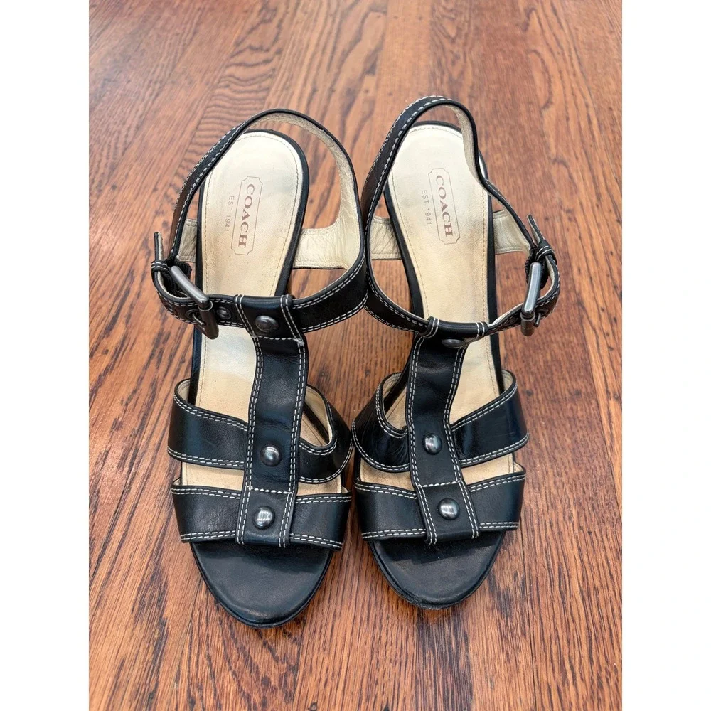 Coach Womens Black Leather T-Strap Platform Sandals Contrast Stitch Heels 7.5 B